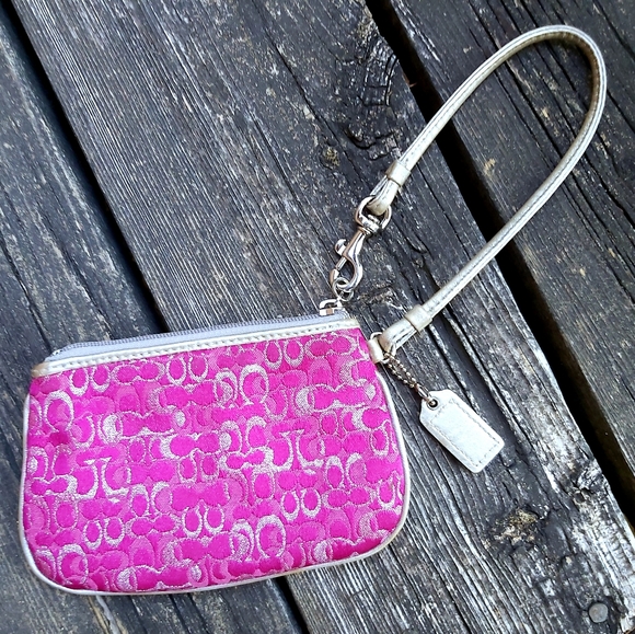 Coach Lurex Gold & Magenta Mini Signature Wristlet - Picture 2 of 9